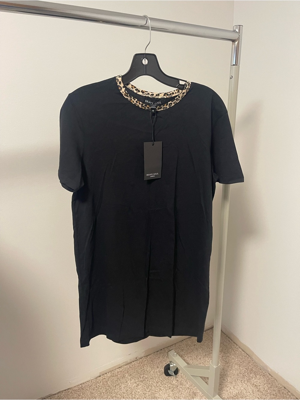 Brave Soul Black Tee Dress with Leopard Trim
